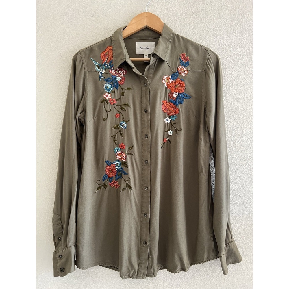 Jessica Simpson Olive Green Floral Embroidered Long Sleeve Button Up Shirt Boho